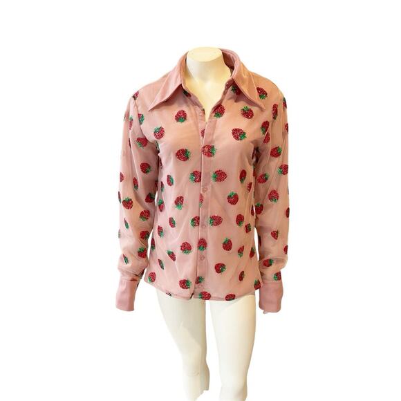 Lirika Matoshi Strawberry Button Down Sheer Shirt Glitter Pink Small - Picture 1 of 11